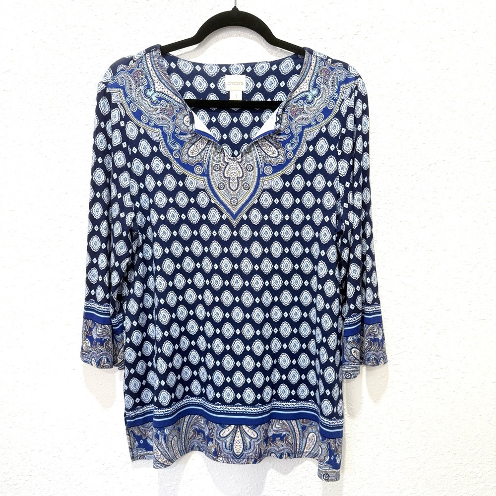 Chico's Navy and White‎ paisley Patterned Tunic M/8